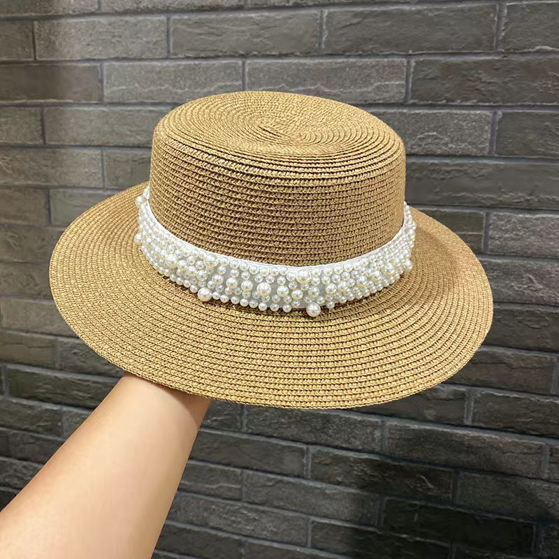 Retro Fashion Versatile Pearl Flat Top Sun Protection Beach Hat