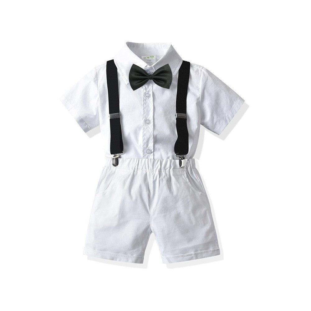 Boys' White Short-sleeved Shirt Suspender Shorts