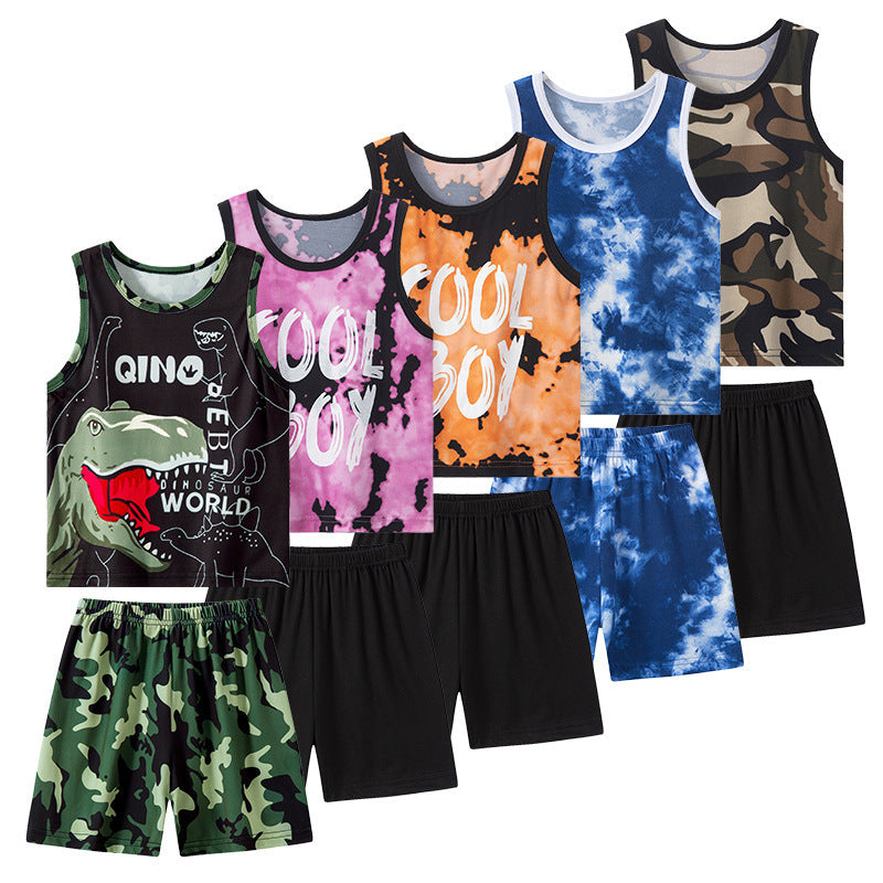 Printed Vest Suit Boys And Girls Casual Handsome Sets
