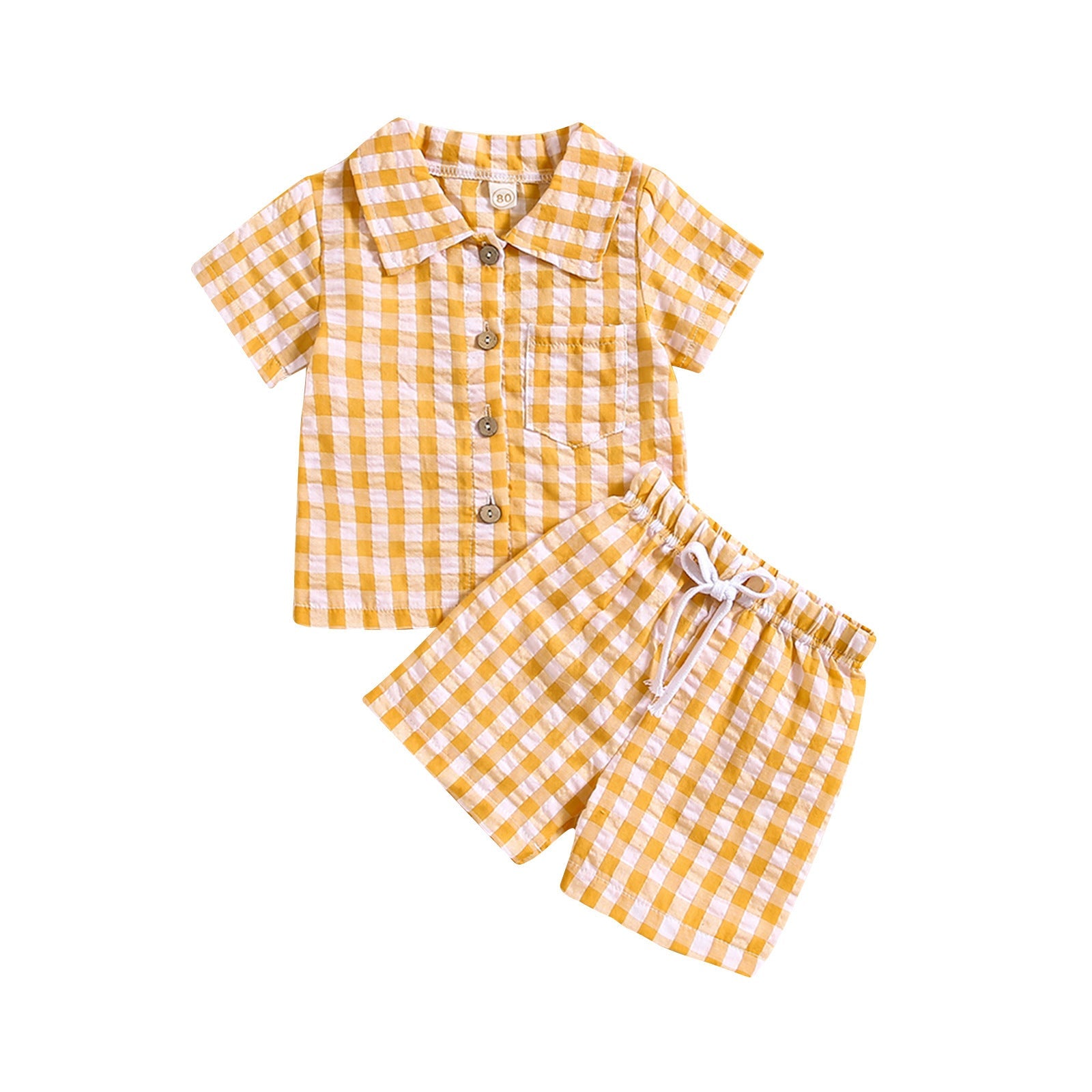 Boys And Girls Short Sleeve Plaid Shirt Two-piece Set