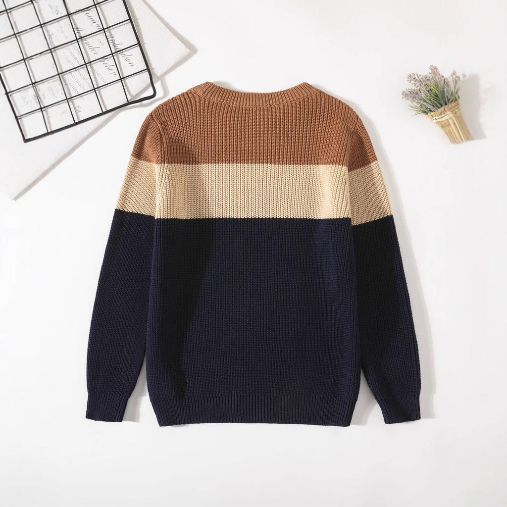 Cozy Kids Knit Sweater - Soft Stretchable Striped Pullover For Boys & Girls, Warm Winter Casual Wear, Breathable Cotton Blend