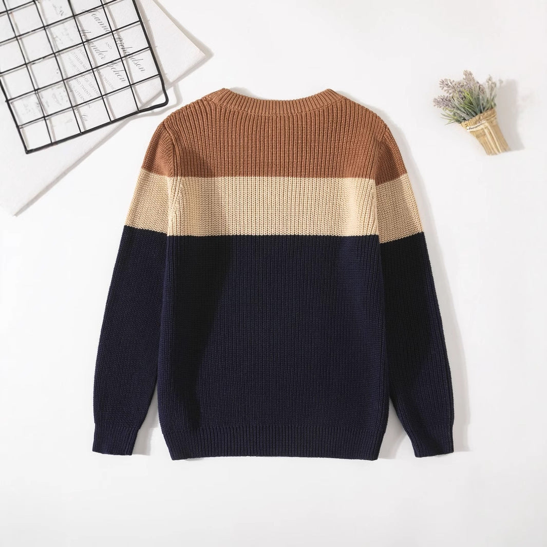 Cozy Kids Knit Sweater - Soft Stretchable Striped Pullover For Boys & Girls, Warm Winter Casual Wear, Breathable Cotton Blend