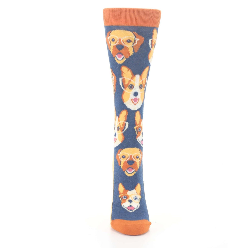 Navy Orange Dog Faces Women's Dress Socks
