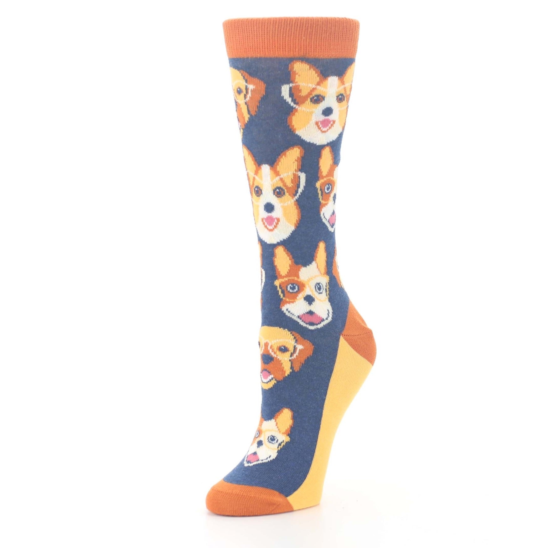 Navy Orange Dog Faces Women's Dress Socks