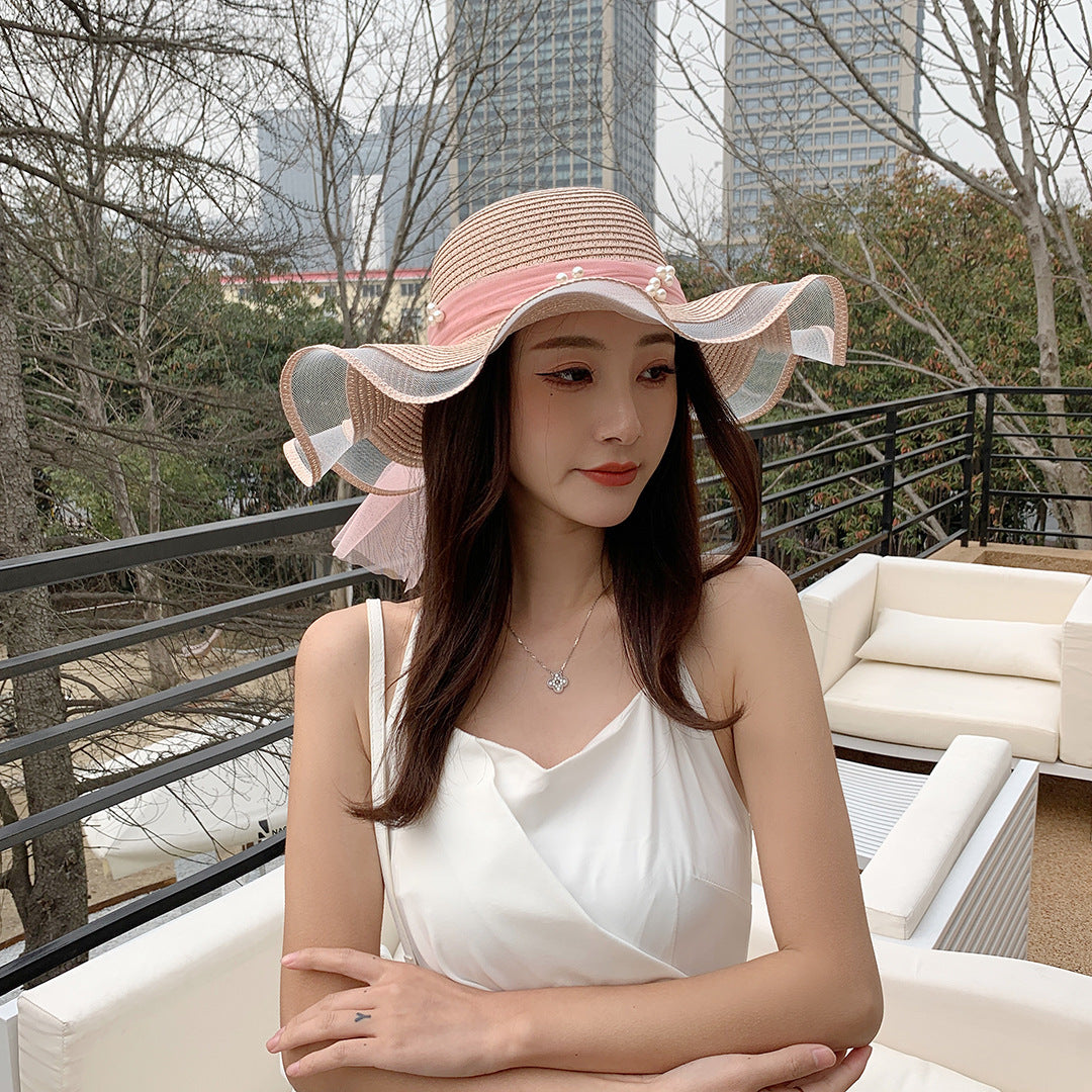 Big Brim Bow Ribbon Beach Hat Summer Outdoor Sun Hat Wave Straw Hat Lace Edge Pearl Sun Hat