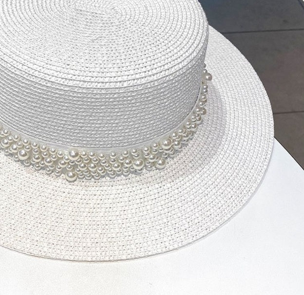 Retro Fashion Versatile Pearl Flat Top Sun Protection Beach Hat