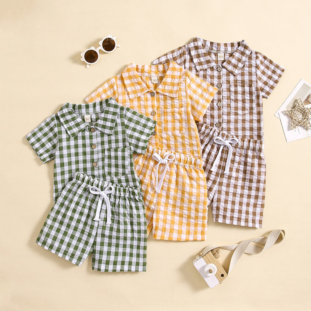 Boys And Girls Short Sleeve Plaid Shirt Two-piece Set