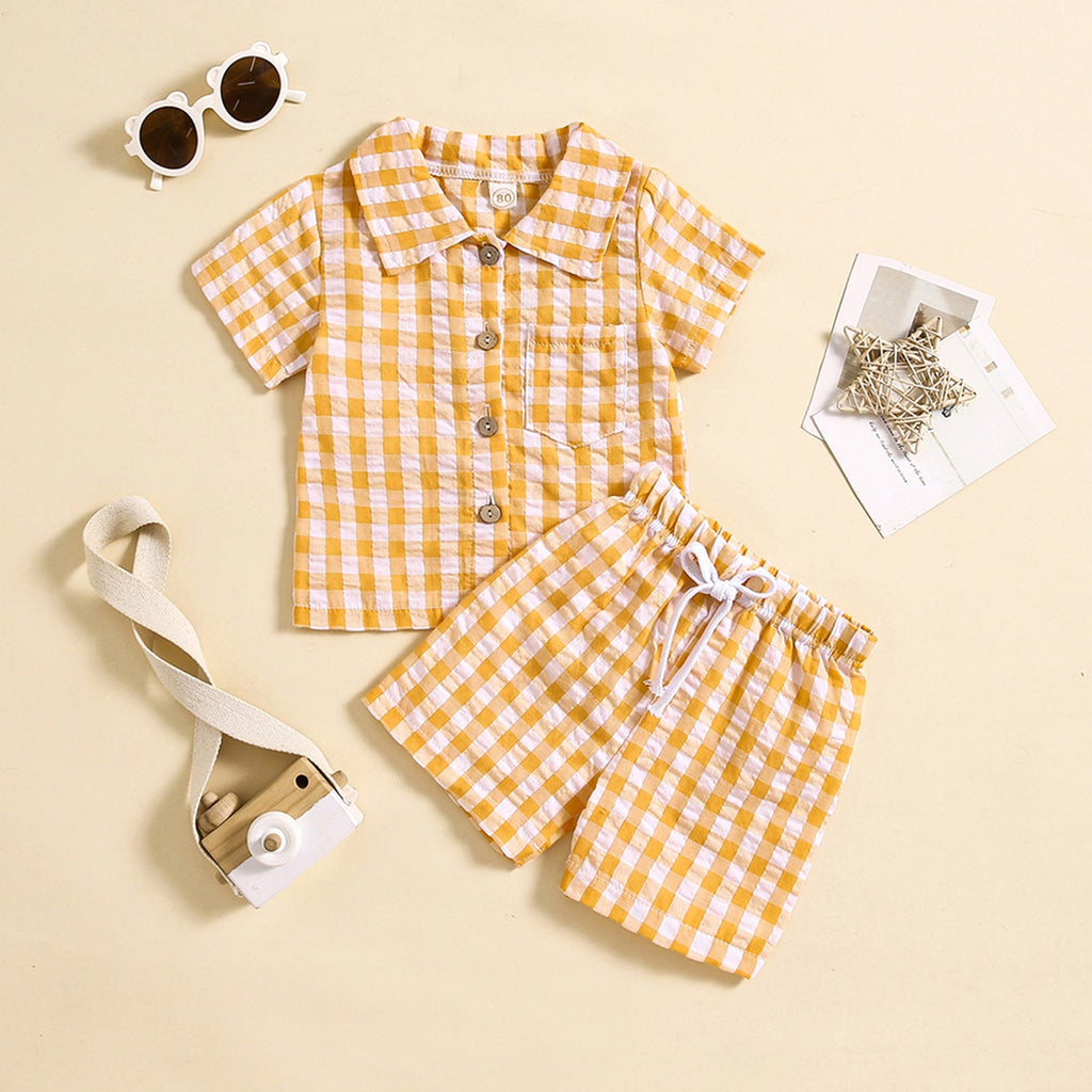 Boys And Girls Short Sleeve Plaid Shirt Two-piece Set
