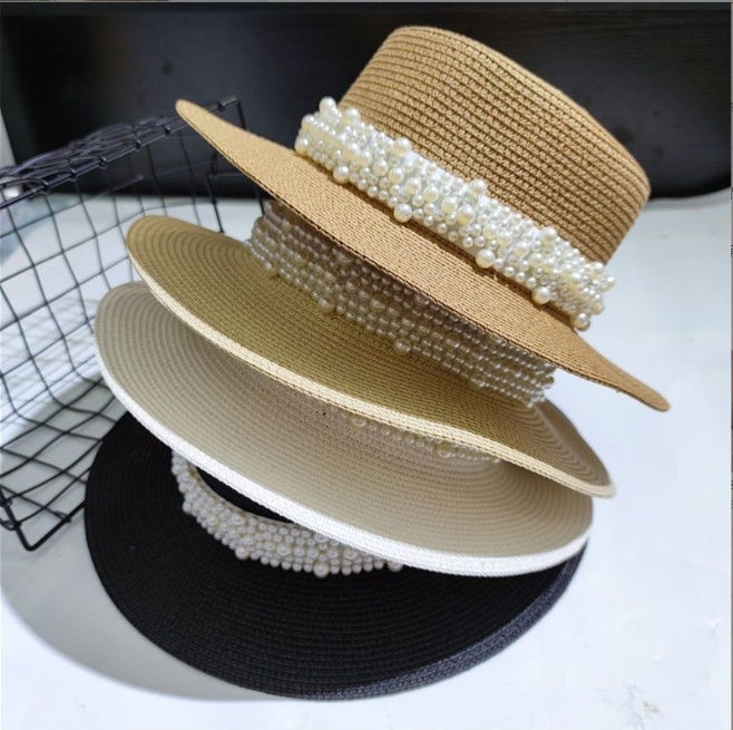 Retro Fashion Versatile Pearl Flat Top Sun Protection Beach Hat