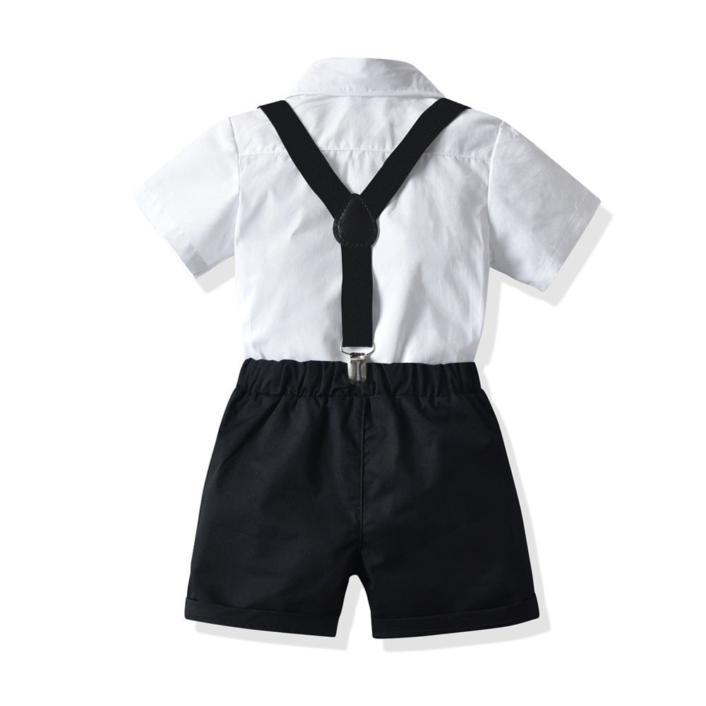 Boys' White Short-sleeved Shirt Suspender Shorts