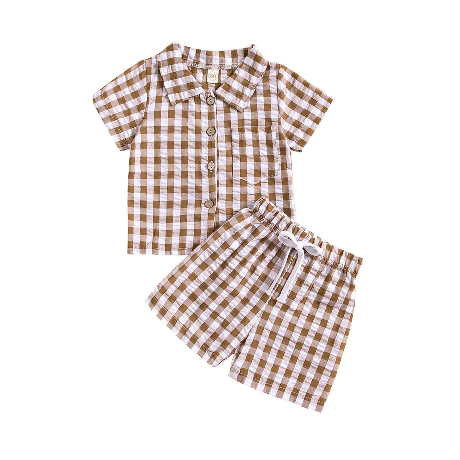 Boys And Girls Short Sleeve Plaid Shirt Two-piece Set