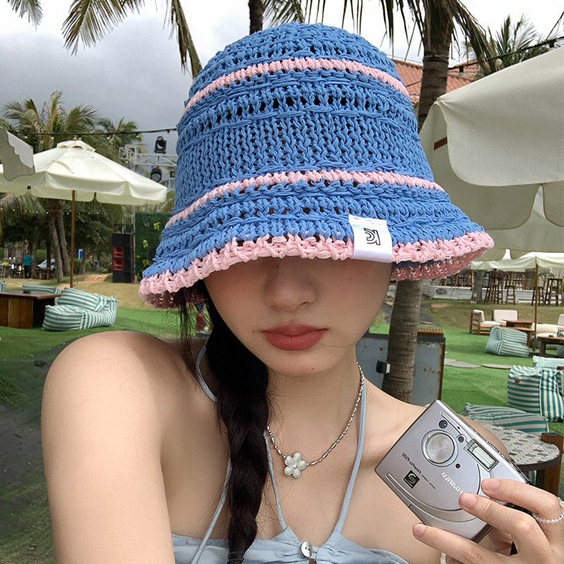 Color Matching Sweet Woven Straw Hat Female Beach Sun-proof Breathable Bucket Hat