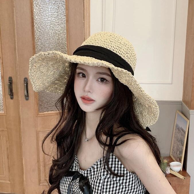 New Straw Hat Women's Summer Lace-up Beach Foldable Vacation Summer Hat