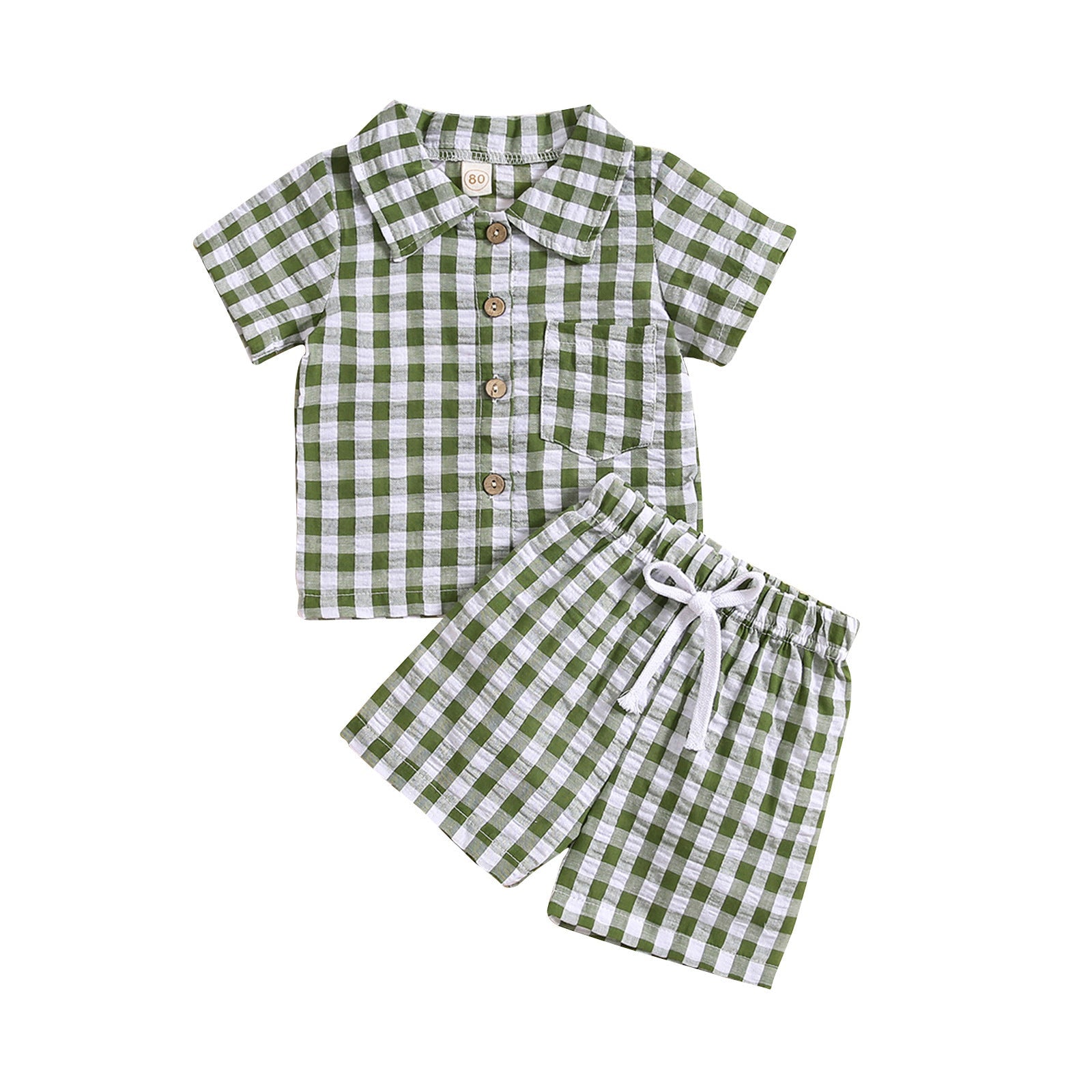 Boys And Girls Short Sleeve Plaid Shirt Two-piece Set