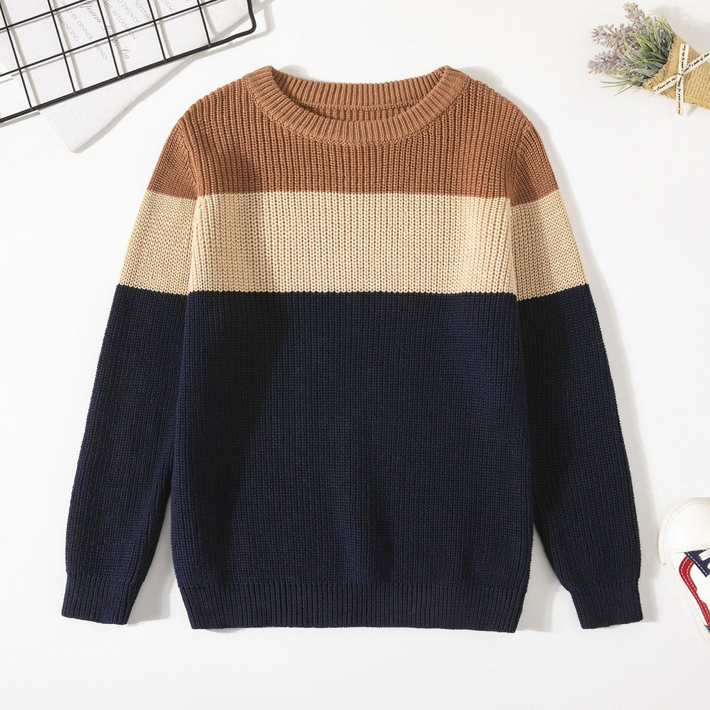 Cozy Kids Knit Sweater - Soft Stretchable Striped Pullover For Boys & Girls, Warm Winter Casual Wear, Breathable Cotton Blend