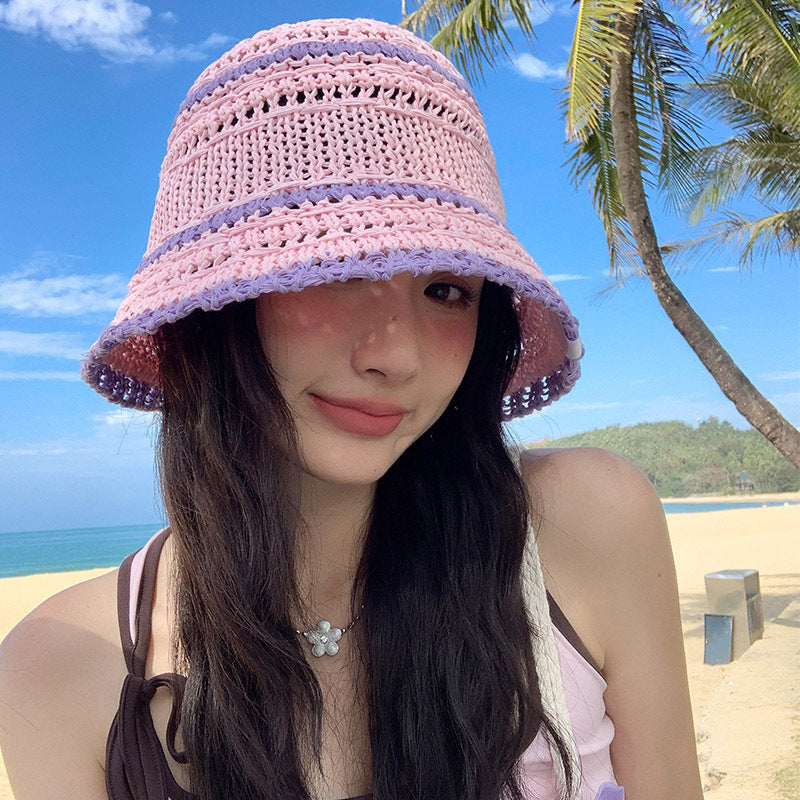 Color Matching Sweet Woven Straw Hat Female Beach Sun-proof Breathable Bucket Hat