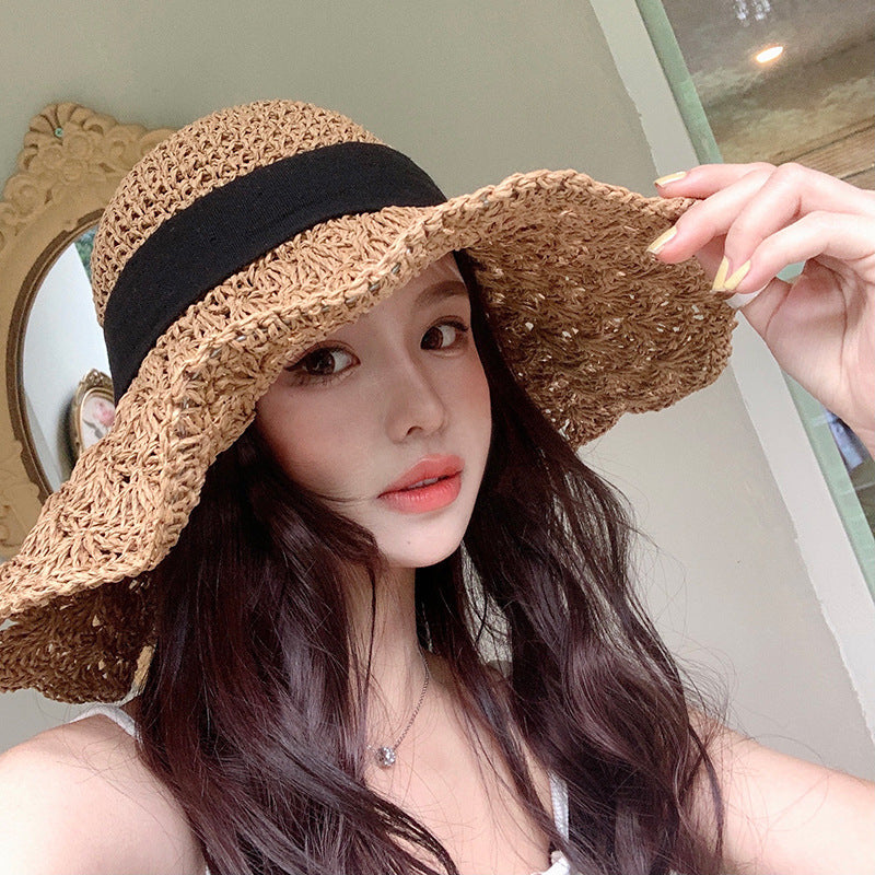 New Straw Hat Women's Summer Lace-up Beach Foldable Vacation Summer Hat