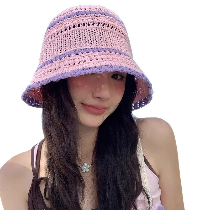Color Matching Sweet Woven Straw Hat Female Beach Sun-proof Breathable Bucket Hat