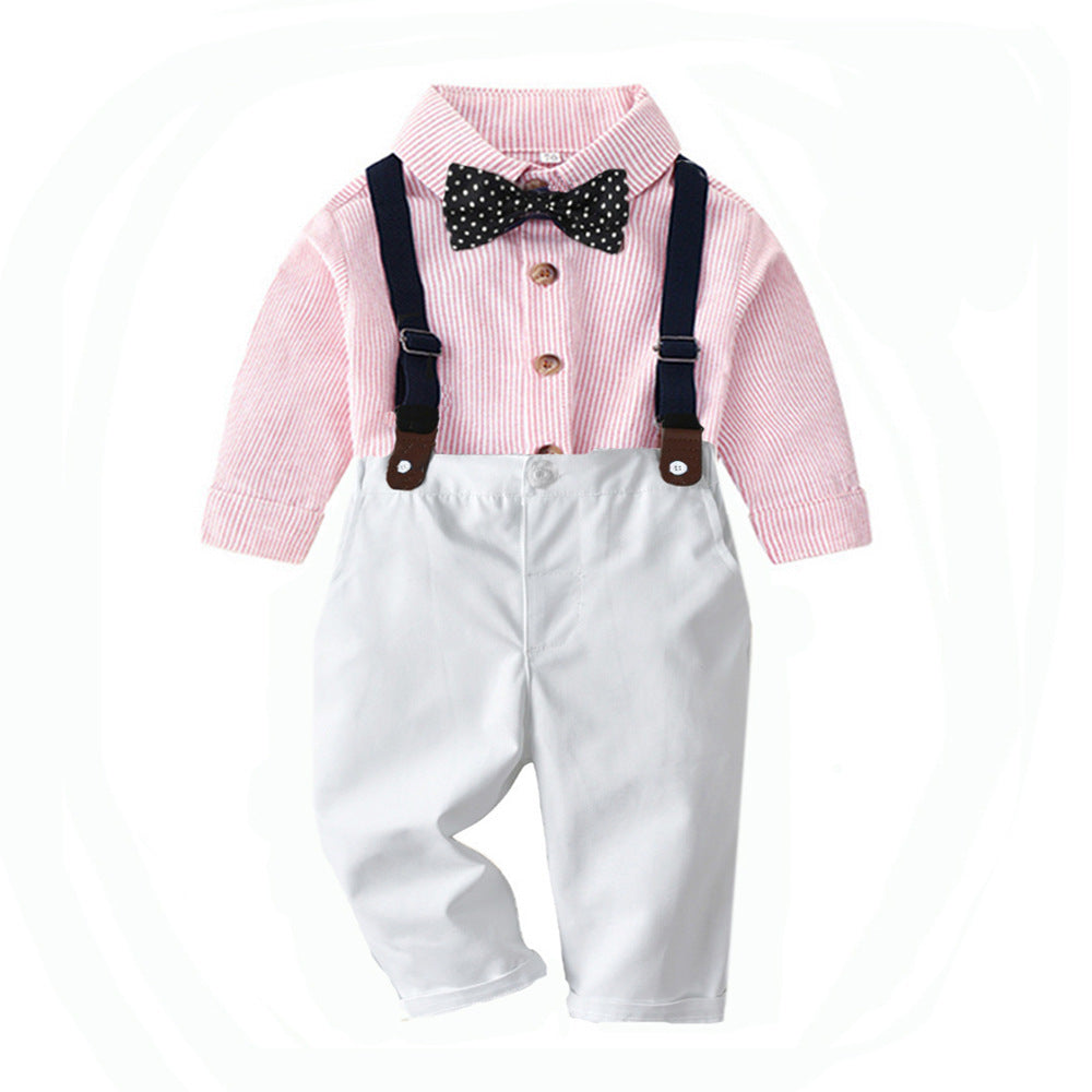 Boys' Spring And Autumn New Striped Shirt Hat Pants Match Suit