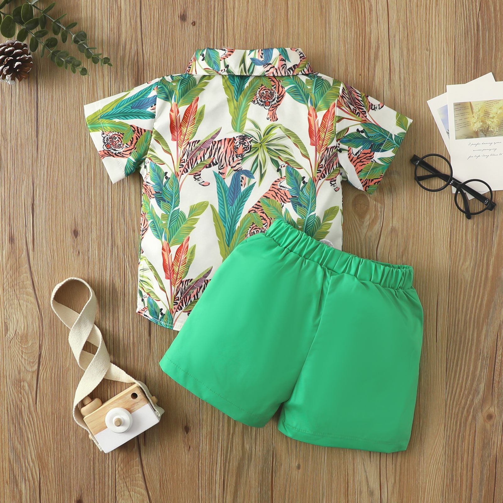 Beach Multi-color Printed Shirt Boys' Shorts Two-piece Set