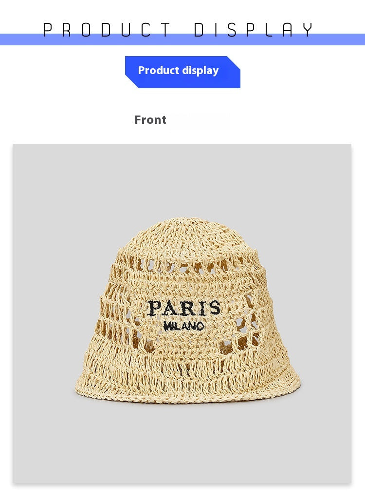 Hollow Grass Hand-made Embroidered Handwriting Beach Sun Pastoral Style Bucket Hat