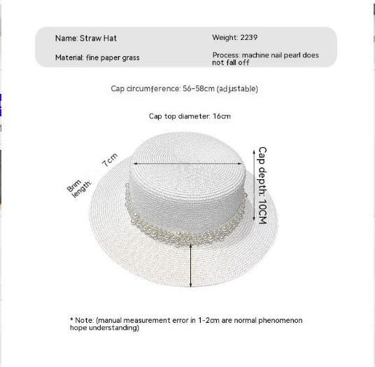 Retro Fashion Versatile Pearl Flat Top Sun Protection Beach Hat