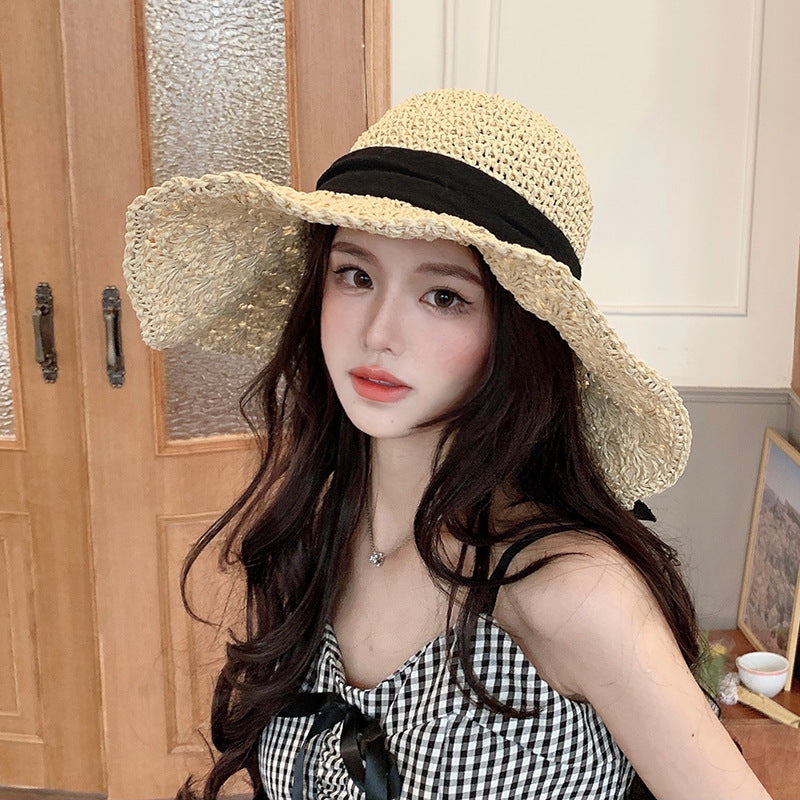 New Straw Hat Women's Summer Lace-up Beach Foldable Vacation Summer Hat