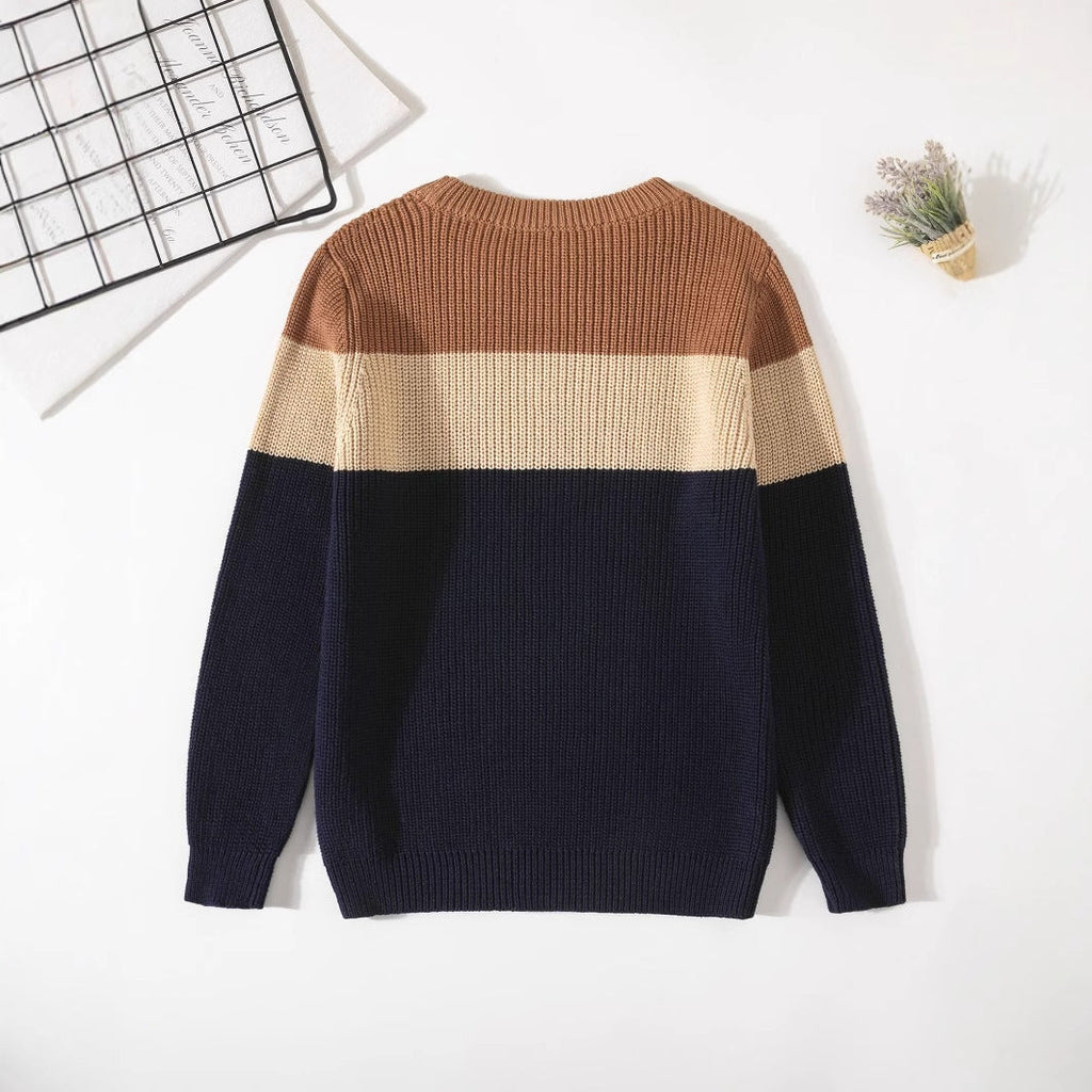 Cozy Kids Knit Sweater - Soft Stretchable Striped Pullover For Boys & Girls, Warm Winter Casual Wear, Breathable Cotton Blend