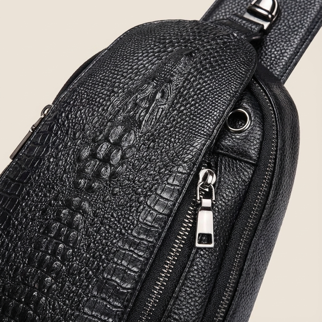 Men’s Croc-Embossed Leather Sling Bag – Secure Anti-Theft