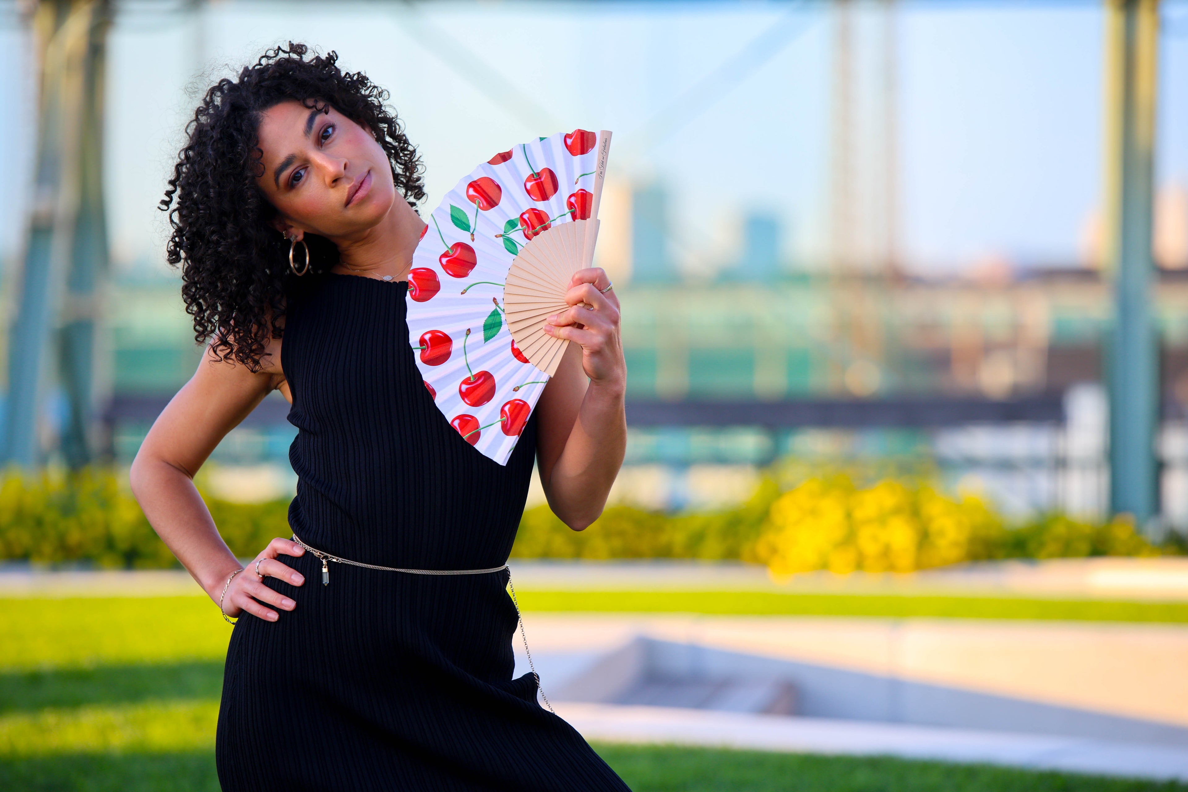 White Cherries Hand Fan