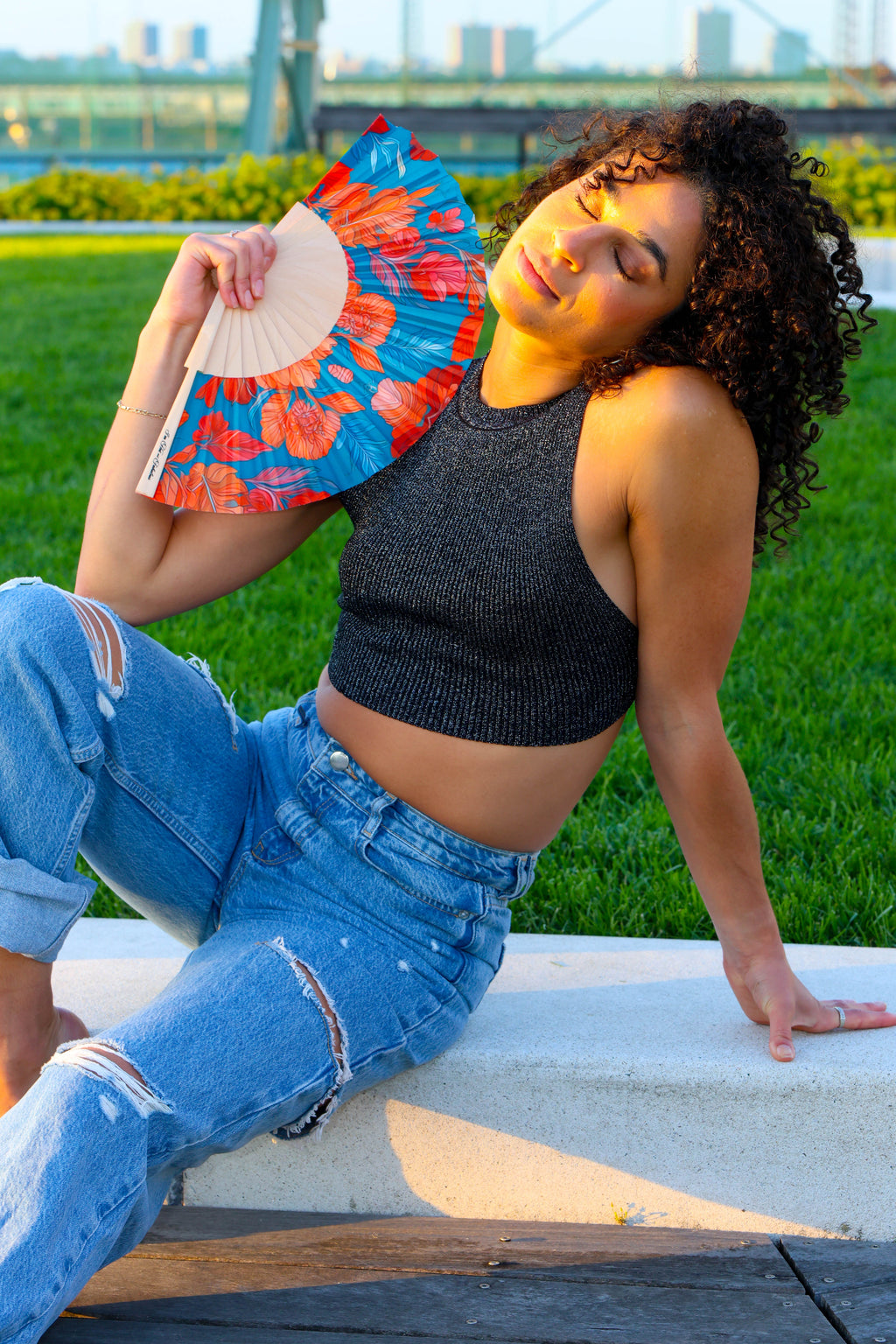 Azure Garden Hand Fan