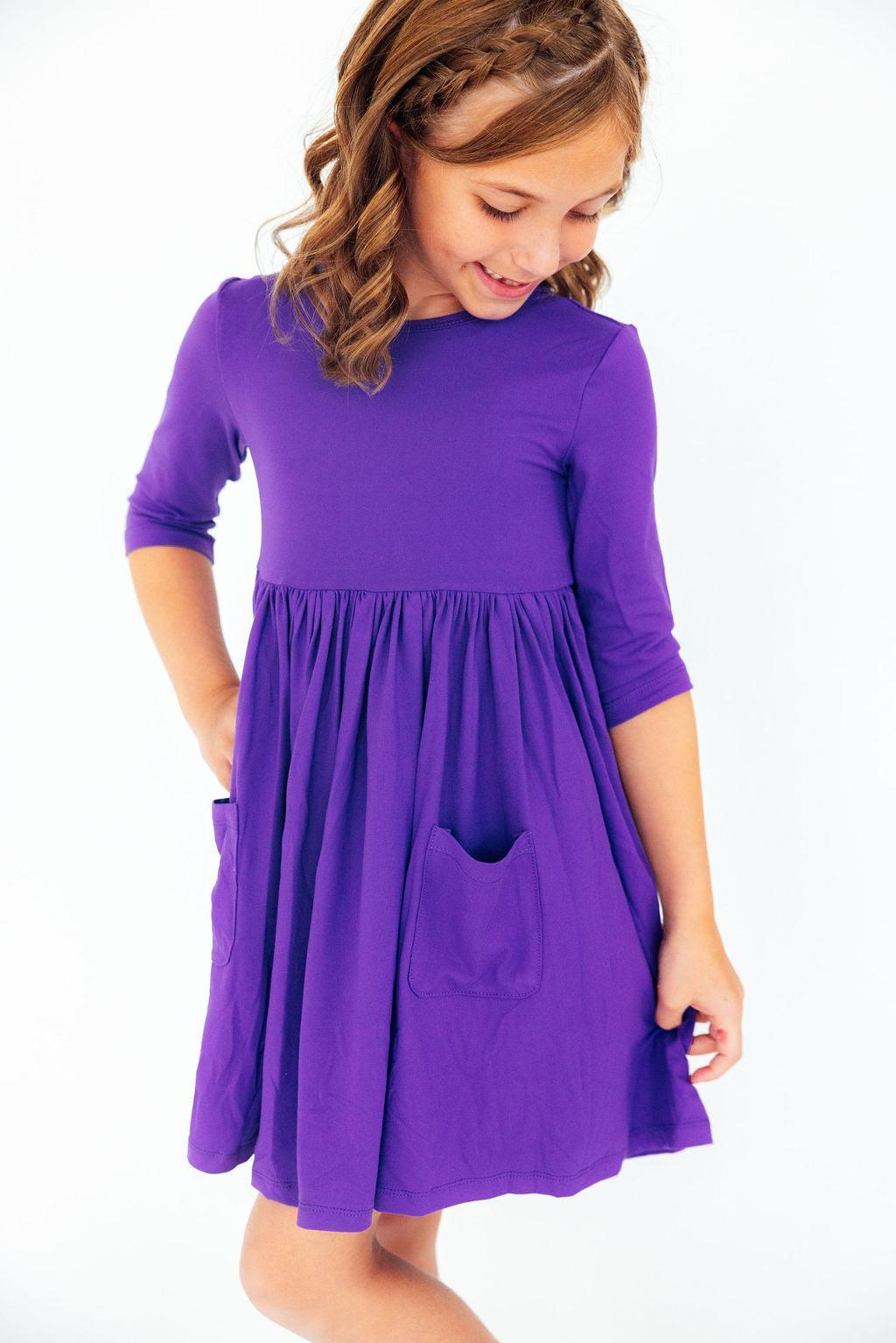 Purple 3/4 Sleeve Pocket Twirl Dress