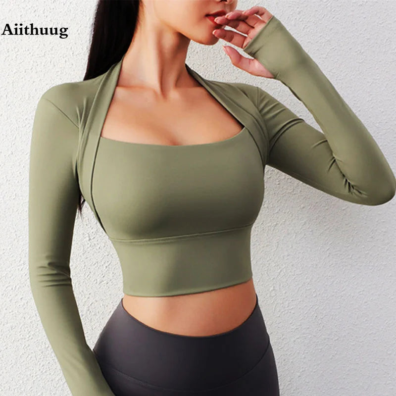 Padded Yoga Shirts Long Sleeve  Crop Tops Low Cut Gym Shirt