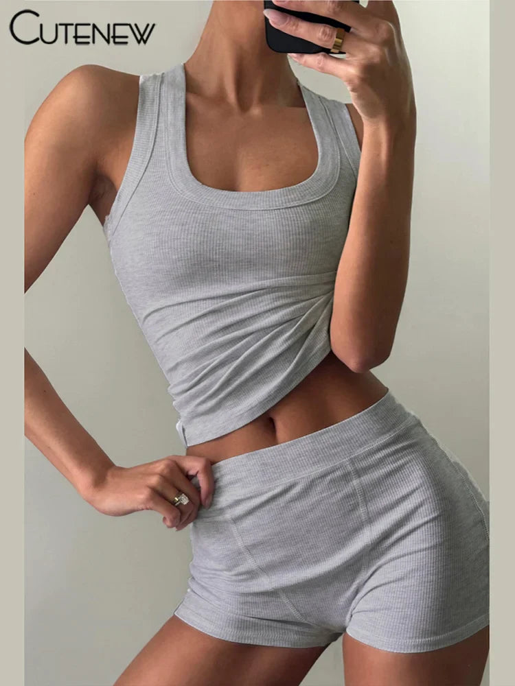 SunnyStride: Women's Stretch Crop & Ribbed Shorts Set