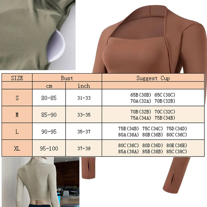 Padded Yoga Shirts Long Sleeve  Crop Tops Low Cut Gym Shirt