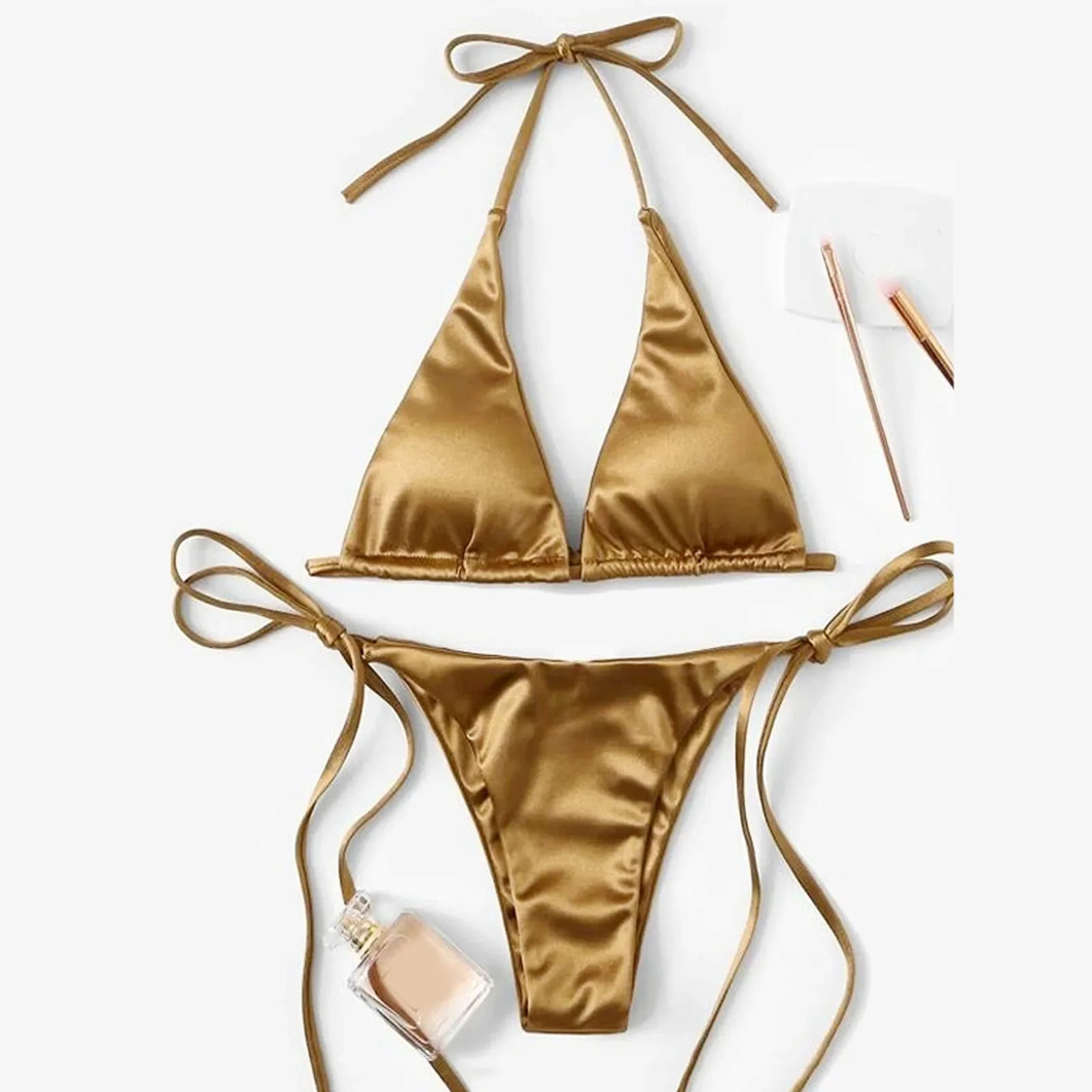 ShimmerWave: Luxe Satin Brazilian Bikini Set