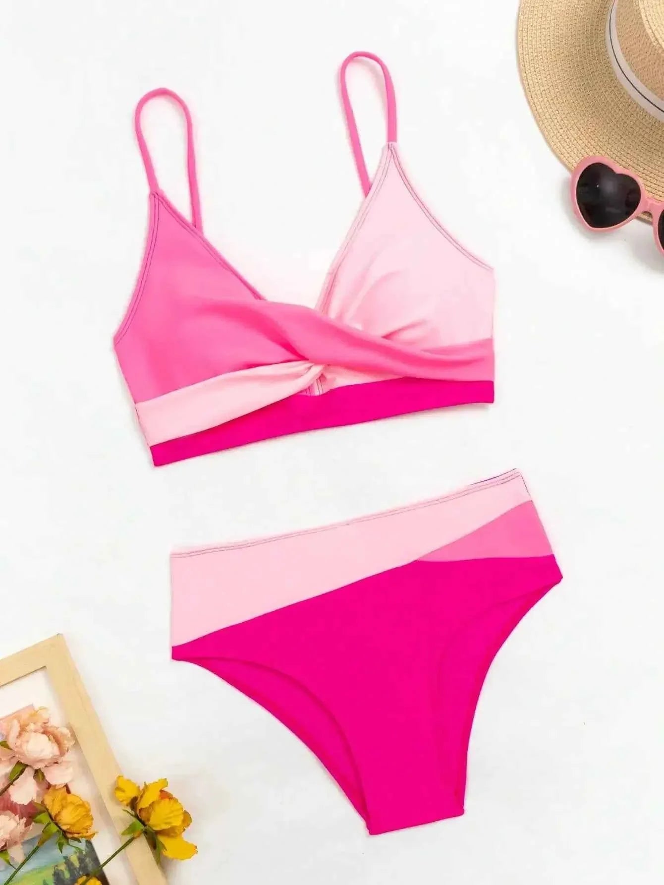 Rosy Patch V-Neck High Waist Bikini Set