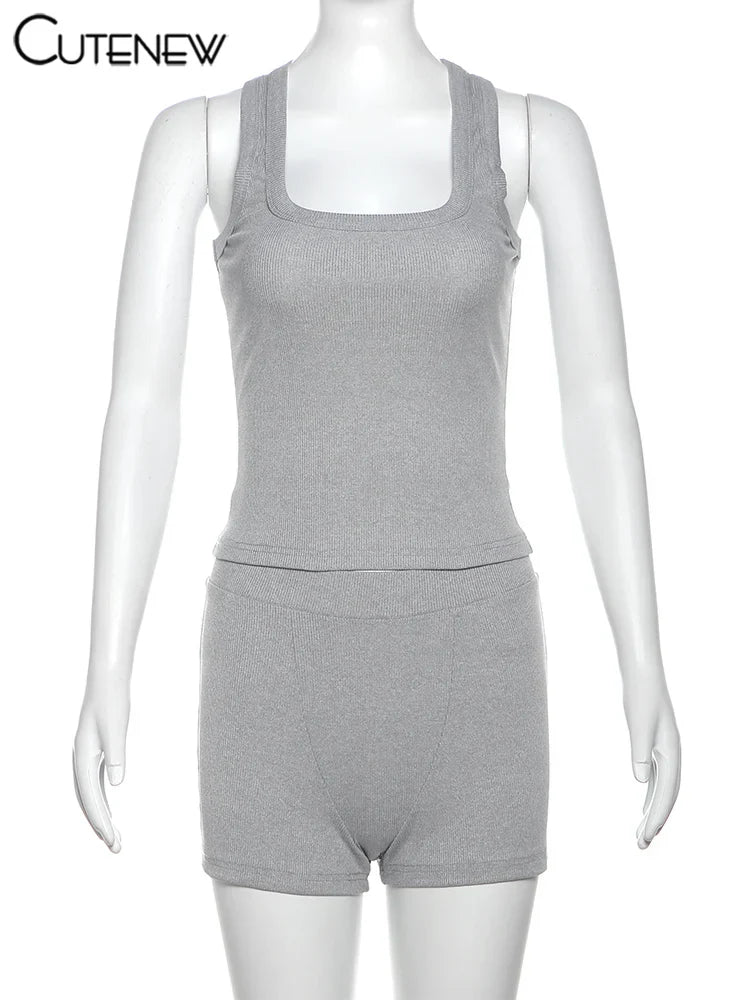 SunnyStride: Women's Stretch Crop & Ribbed Shorts Set