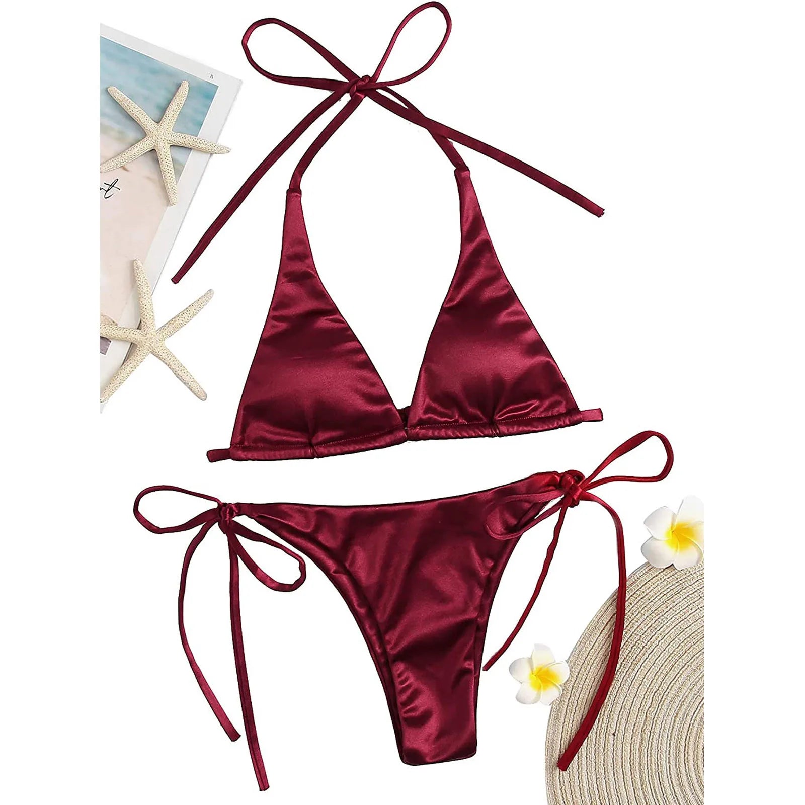 ShimmerWave: Luxe Satin Brazilian Bikini Set