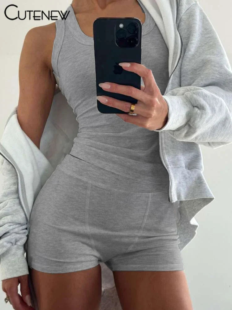 SunnyStride: Women's Stretch Crop & Ribbed Shorts Set