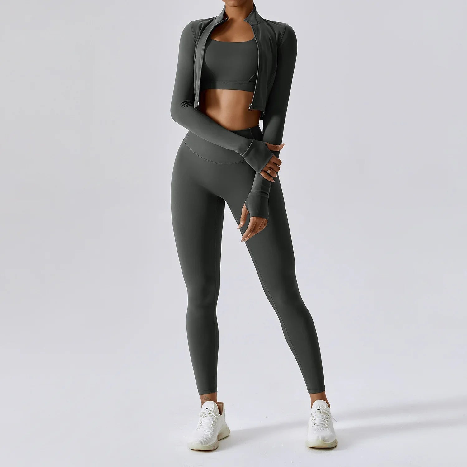 Workout Outfit ActiveWear 3 Pieces Workout Clothes Sports Bra High Waist Gym Leggings Long-Sleeved