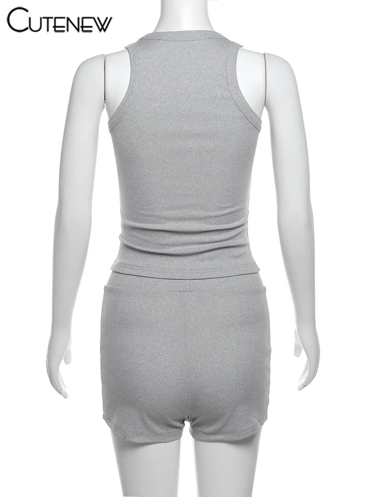 SunnyStride: Women's Stretch Crop & Ribbed Shorts Set