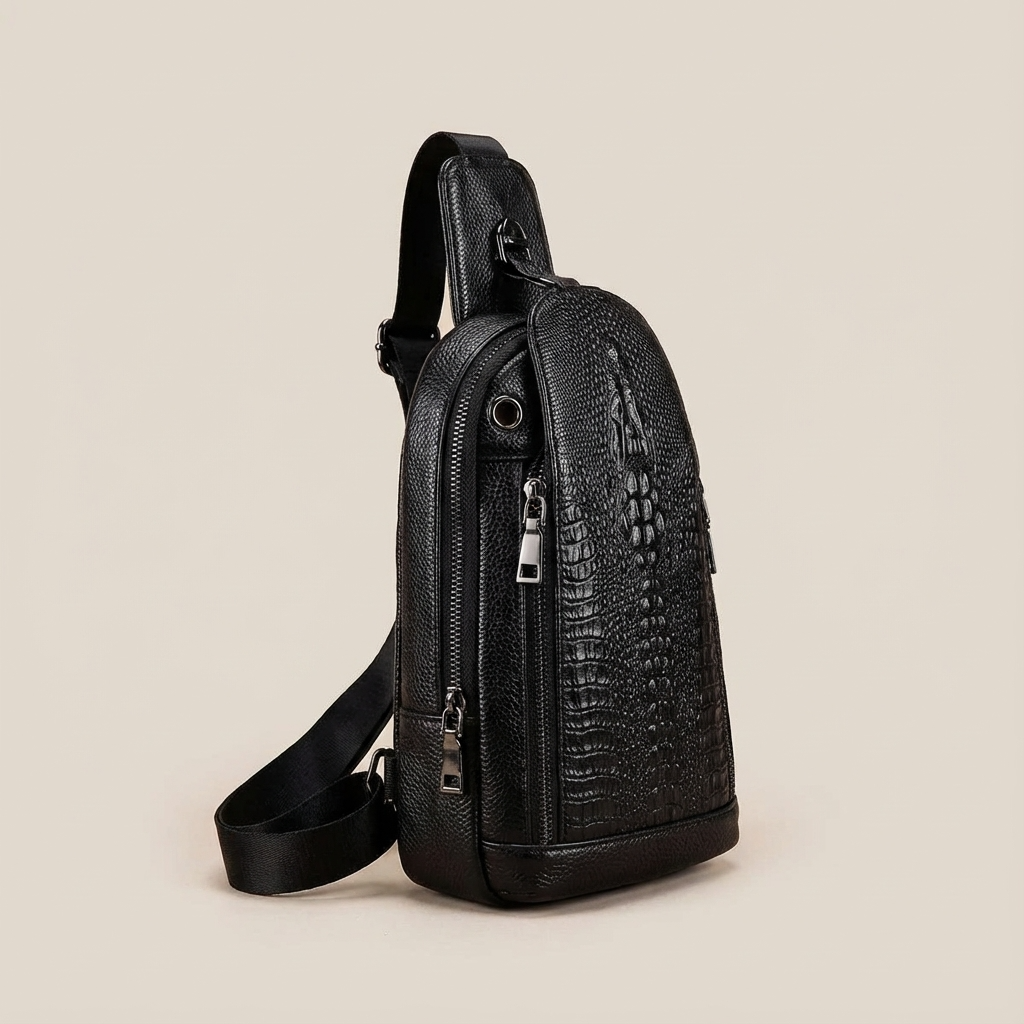 Men’s Croc-Embossed Leather Sling Bag – Secure Anti-Theft