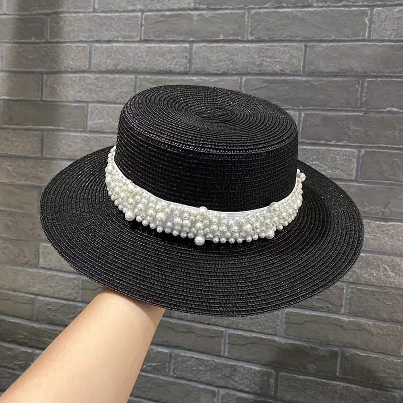 Retro Fashion Versatile Pearl Flat Top Sun Protection Beach Hat