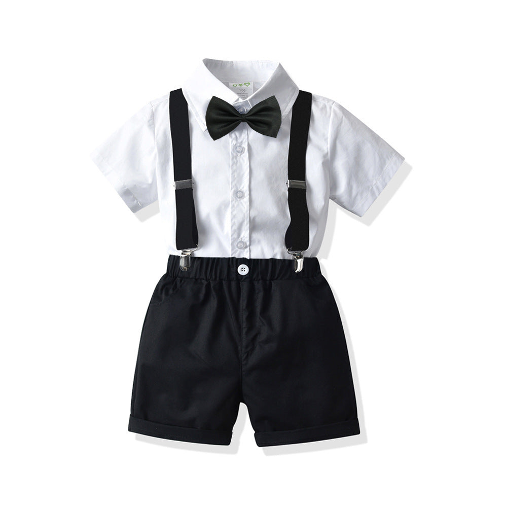 Boys' White Short-sleeved Shirt Suspender Shorts
