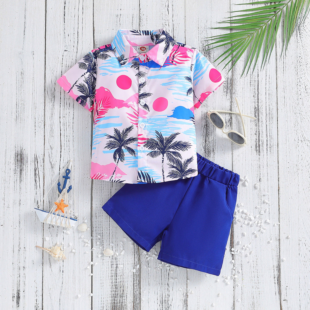 Summer New Boys' Short-sleeved Printed Shirt And Shorts Two-piece Set
