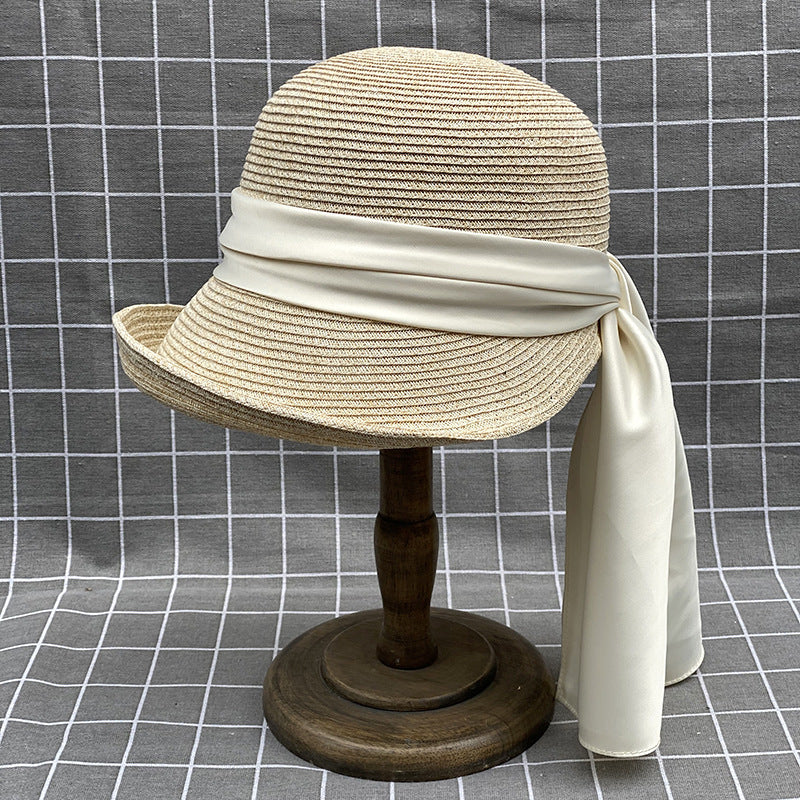 Japanese Style Curling Front Big Back Small Satin Ribbon Bucket Hat Summer Straw Hat Female Bucket Hat Sun-proof Beach Hat Tide
