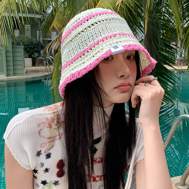 Color Matching Sweet Woven Straw Hat Female Beach Sun-proof Breathable Bucket Hat
