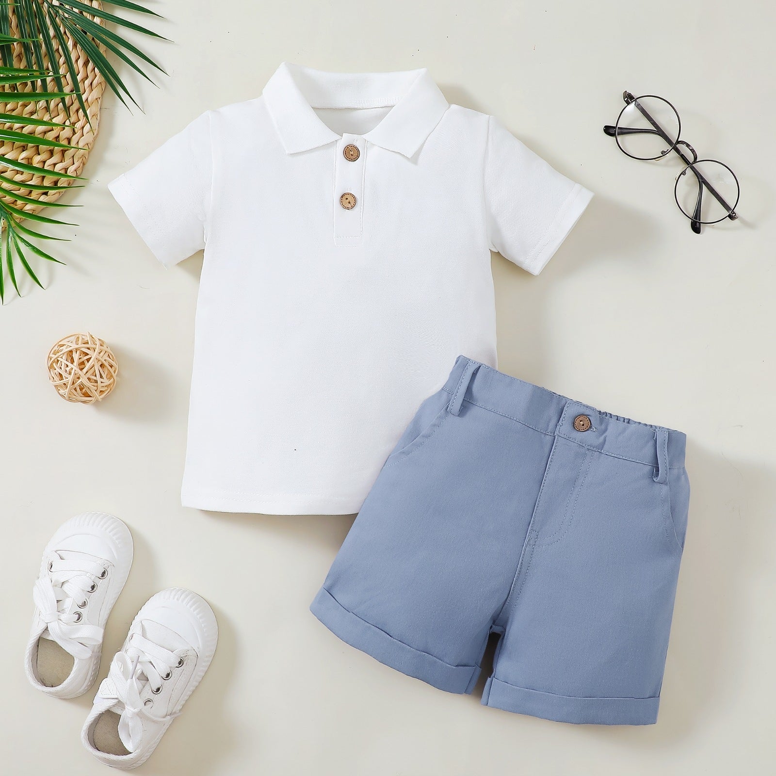 Boy's Polo Shirt Zipper Bar-tack Solid Color Shorts
