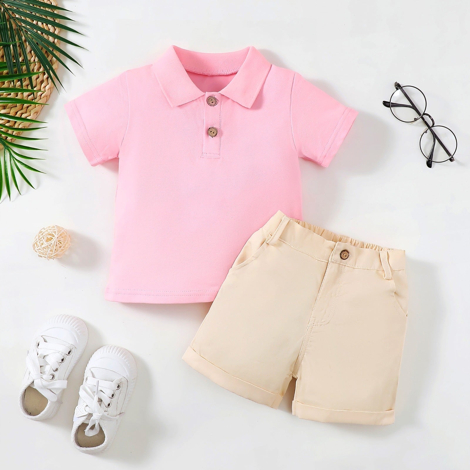Boy's Polo Shirt Zipper Bar-tack Solid Color Shorts
